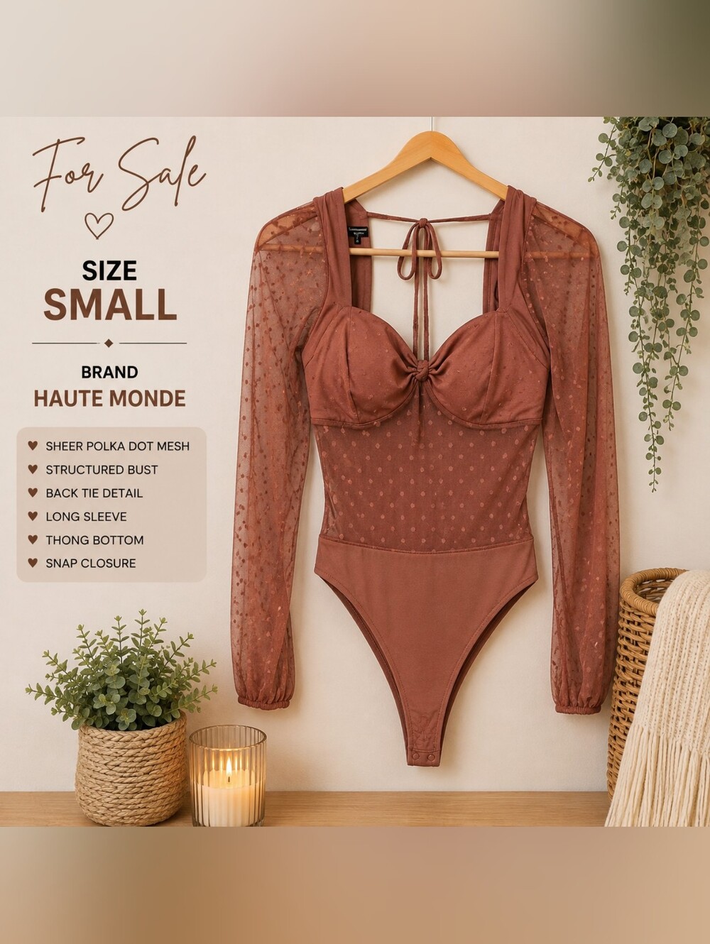 Haute Monde Rust Polka Dot Mesh Long Sleeve Bodysuit